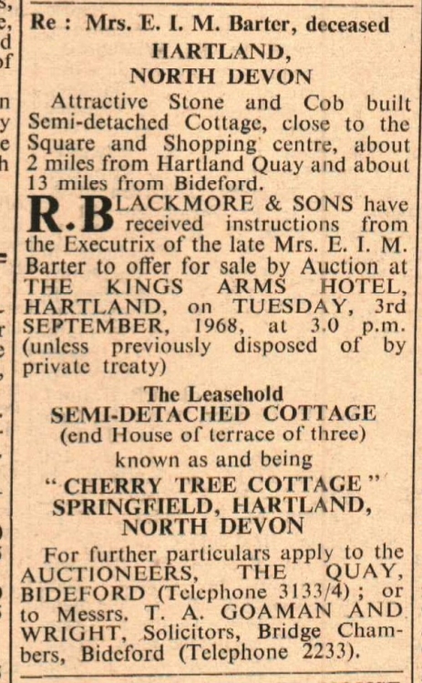 August 1968 Hartland Cherry Tree Cottage for sale