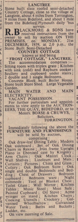 Dec 1959 Langtree Frost Cottage for sale