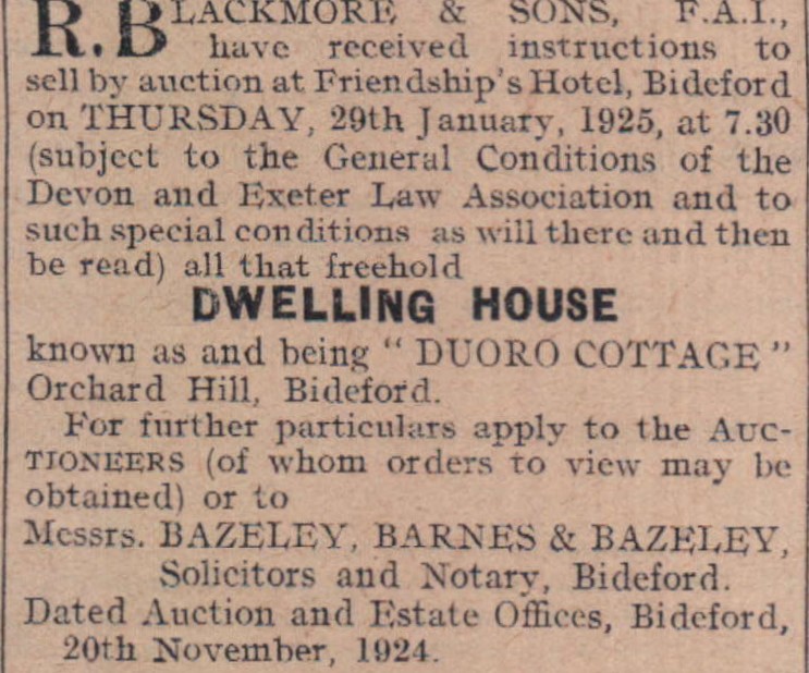 Jan 1925 Bideford Duoro Cottage Orchard Hill