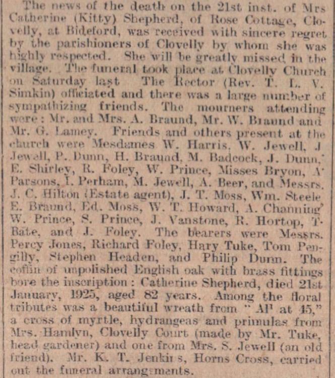 Jan 1925 Clovelly Kitty Shepher death Rose Cottage