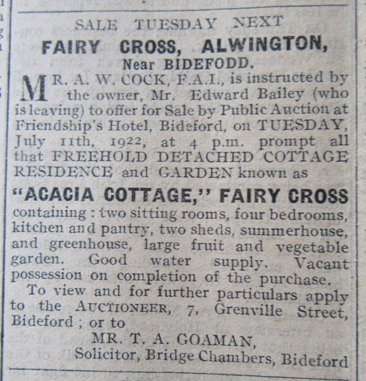 July 1922 Alwington Acacia Cottage for sale