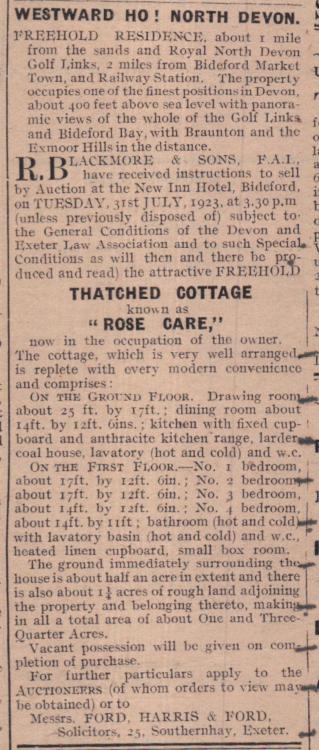 July 1923 Westward Ho Rose Care for sale thatched cottage