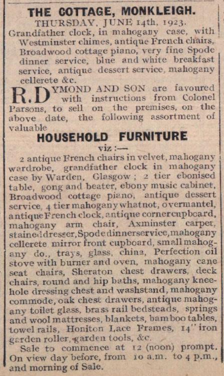 June 1923 Monkleigh The Cottage furniture