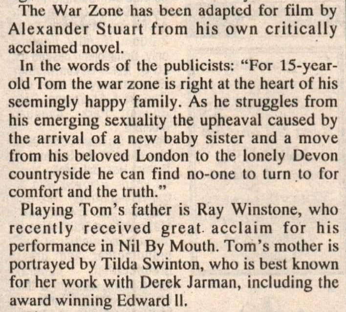 March 1998 The War Zone film Tim Roth Tilda Swinton Ray Winstone