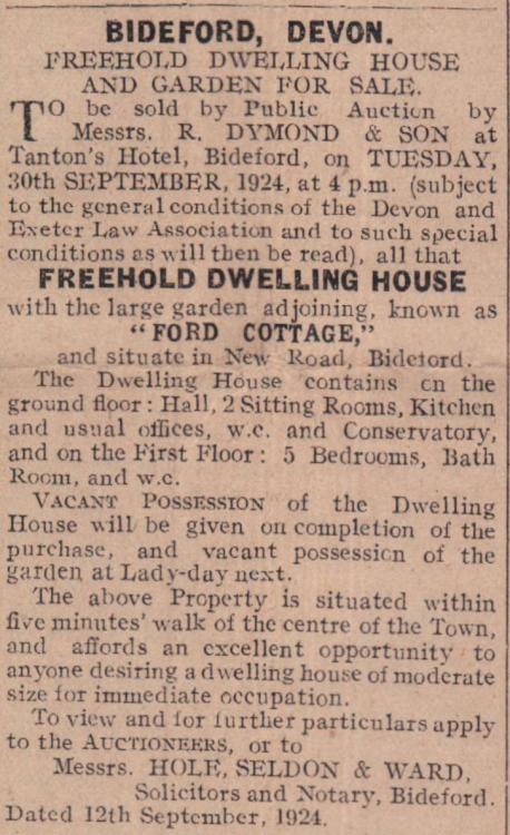 Sept 1924 Bideford Ford Cottage for sale