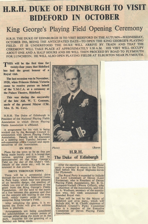 H.R.H. Duke of Edinburgh to Visit Bideford in October 1952