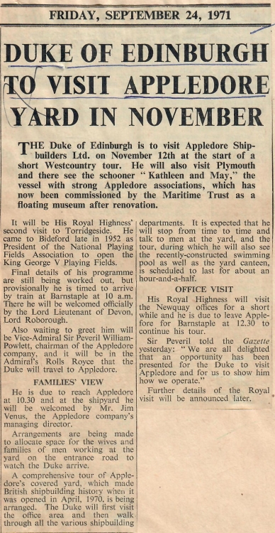 Duke of Edinburgh to Visit Appledore Yard in November 24.09.1971