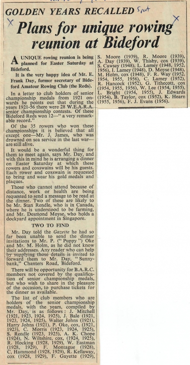 Plans for Unique Rowing Reunion at Bideford 30.03.1962