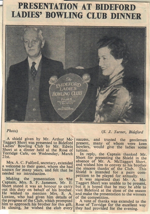 Presentation at Bideford Ladies Bowling Club Dinner 30.3.1951